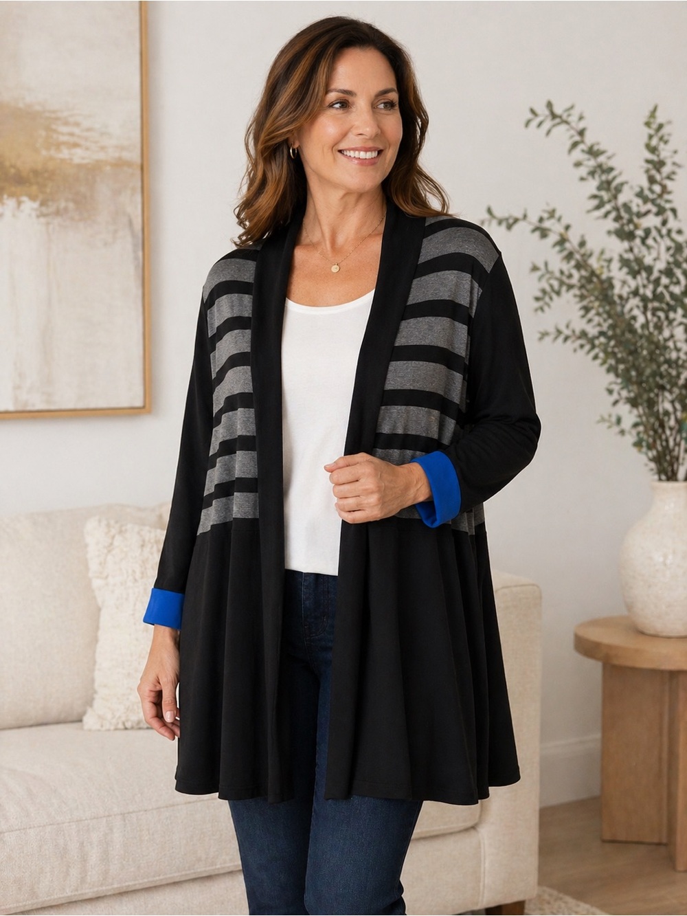 Joseph Ribkoff Black and Gray Striped Open Cardigan with Blue Cuffs